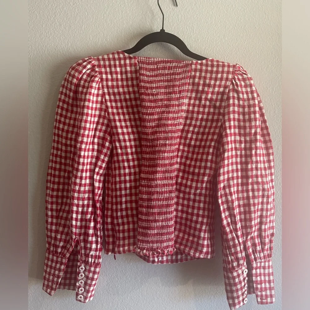 Reformation Red Gingham Puff-Sleeve Square-Neck linen Top
